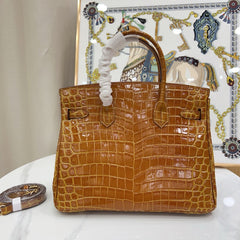 Birkin Style 25/30/35 Retourne in Miel/Gold Crocodile-Embossed Leather (Gold Hardware)
