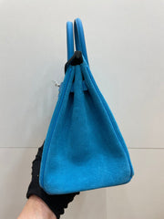 Birkin 25 Retourne in Bleu Zanzibar Swift Leather and Suede Grizzly (Palladium Hardware)