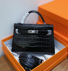 Kelly Sellier 19cm Noir Shiny Crocodile Leather Gold Hardware & Palladium Hardware Women Handbag
