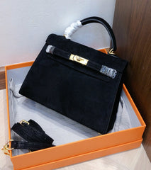 Kelly Sellier 22cm Noir Suede Leather Gold Hardware Women Mini Handbag