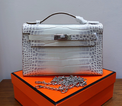Kelly Pochette Himalaya Niloticus Crocodile Leather Palladium Hardware & Palladium Hardware Women Clutch Handbag