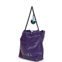 Chanel Mini 22 Bag Dark Purple Lambskin Rainbow Hardware