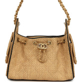 Chanel Mini 25 Hobo Bag Beige Raffia and Black Calfskin Antique Gold Hardware
