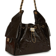 Chanel Small 25 Hobo Bag Khaki Shiny Aged Crumpled Calfskin Antique Gold Hardware