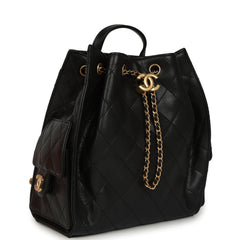 Pre-owned Chanel Small 25 Hobo Backpack Black Caviar Antique Gold Hardware