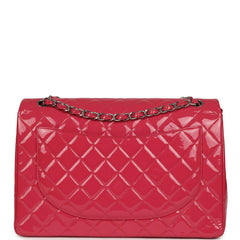 Pre-owned Chanel Maxi Classic Double Flap Bag Dark Pink Patent Silver Hardware