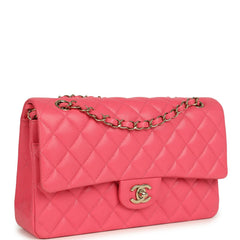 Pre-owned Chanel Medium Classic Double Flap Bag Dark Pink Shiny Caviar Gold Hardware