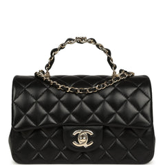 Chanel Mini Classic Rectangular Top Handle Flap Bag Black Lambskin Light Gold Hardware