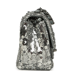 Chanel Mini Classic Square Flap Bag Metallic Silver Sequins Ruthenium Hardware
