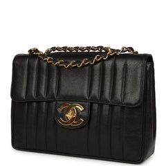 Vintage Chanel Jumbo Classic Mademoiselle Vertical Flap Black Caviar Gold Hardware