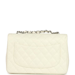 Vintage Chanel Classic Jumbo Single Flap Bag White Caviar Silver Hardware