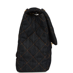 Chanel XXL Classic Single Travel Flap Bag Dark Blue Denim Brushed Gold Hardware