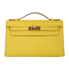 Kelly Pochette Bag Lime Clutch Gold Hardware Swift Leather