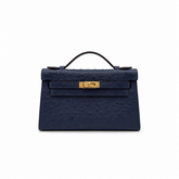 Mini Kelly Sellier 22cm Bleu Nuit Ostrich Leather Gold Hardware Women Mini Handbag