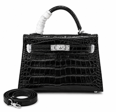 Kelly Sellier 19cm Noir Shiny Crocodile Leather Gold Hardware & Palladium Hardware Women Handbag