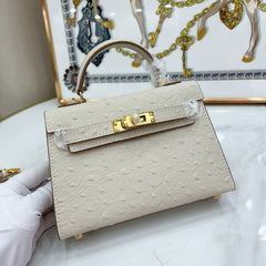 Mini Kelly II 19cm Sellier Craie Ostrich Gold Hardware Premium Women Daily Handbag