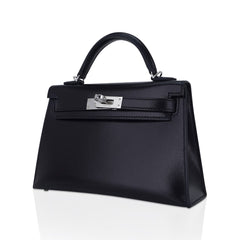 Kelly 20 Sellier Black Box Leather Mini Bag Palladium Hardware