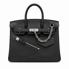Birkin 25 Rock Black Leather Multi-Pocket Handbag with Chain