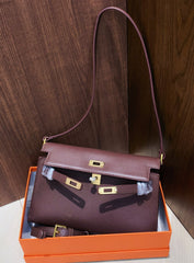 Kelly Elan 25 Underarm Baguette Bag, Genuine Top Layer Cowhide Goat Grain Leather, Gold Hardware Havane Brown Shoulder Purse, Low-key Old Money Vintage Style Daily Handbag Size 25×6.5×15cm