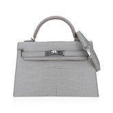 Limited Edition Mini Kelly 20 Sellier Matte Gris Perle Alligator Bag Palladium Hardware