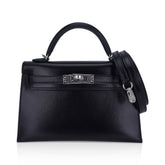 Kelly 20 Sellier Black Box Leather Mini Bag Palladium Hardware