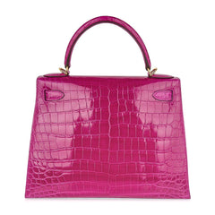 Kelly 28 Sellier Bag Rose Scheherazade Crocodile Gold Hardware