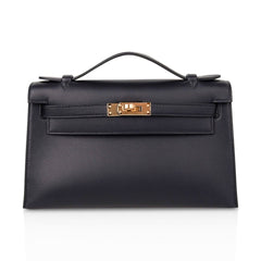 Kelly Pochette Bag Black Swift Leather with Gold Hardware