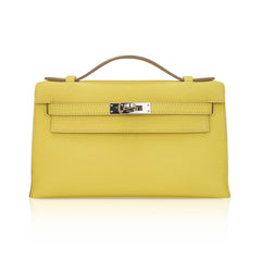 Kelly Pochette Clutch Bag Jaune De Naples Swift Leather with Palladium Hardware