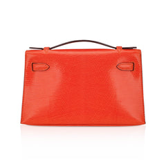 Kelly Pochette Clutch Bag Tangerine Lizard with Ruthinium Hardware