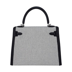 Kelly 25 Sellier Bag Quadrille Black & White Viking Toile Swift Leather with Palladium Hardware
