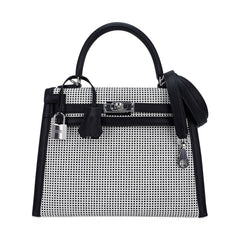 Kelly 25 Sellier Bag Quadrille Black & White Viking Toile Swift Leather with Palladium Hardware