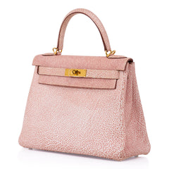Kelly 28 Pink Dalmation Buffalo Skipper Leather Bag Gold Hardware