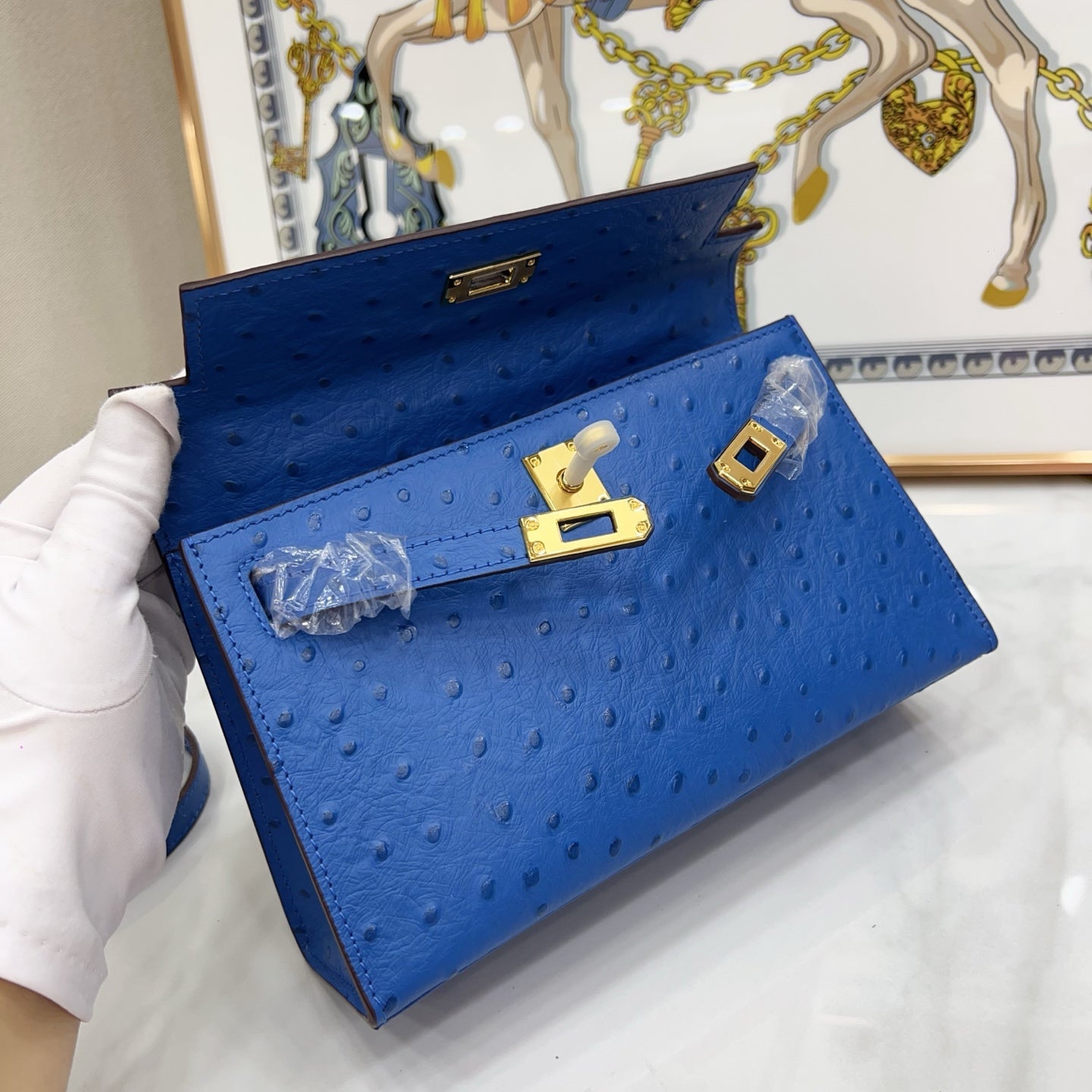 Mini Kelly Sellier 22cm Bleu Electrique Ostrich Leather Gold Hardware Women Mini Handbag