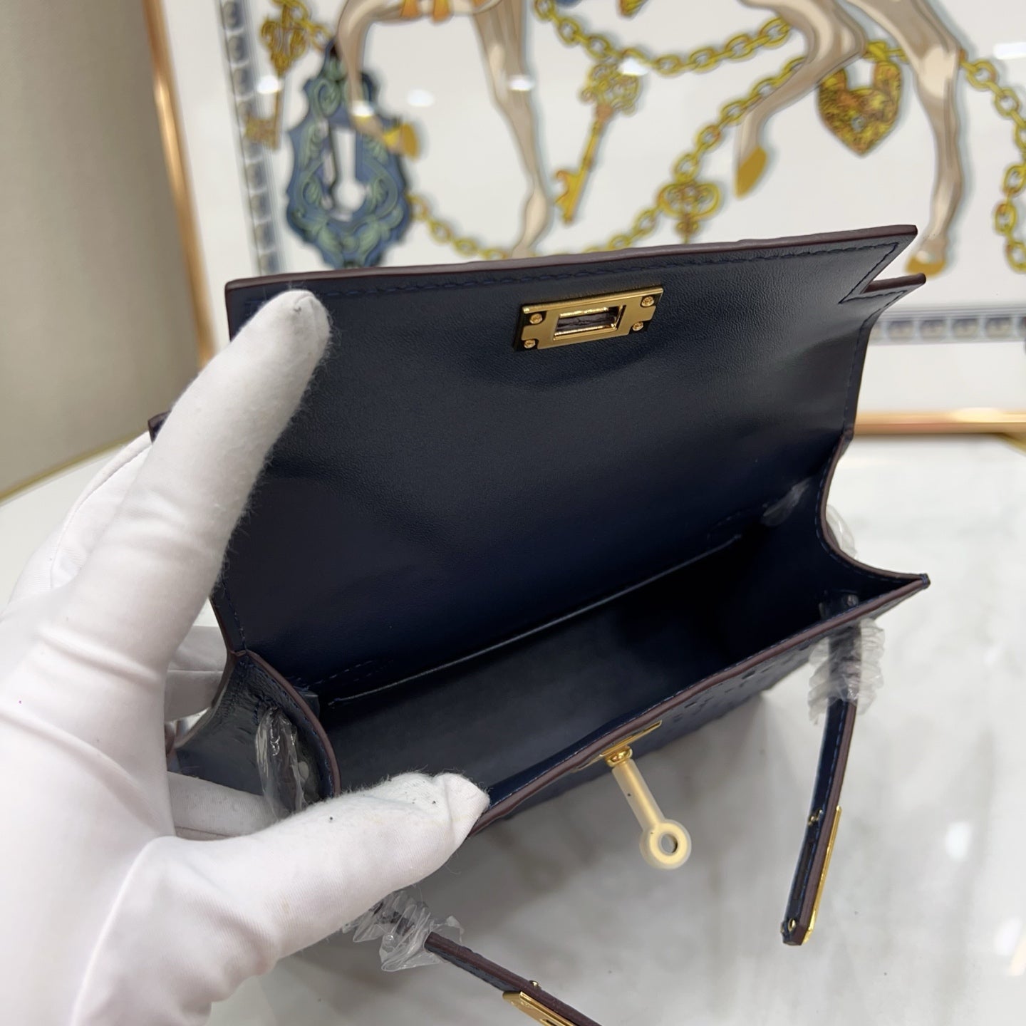 Mini Kelly Sellier 19cm Bleu Nuit Ostrich Leather Gold Hardware Women Mini Handbag