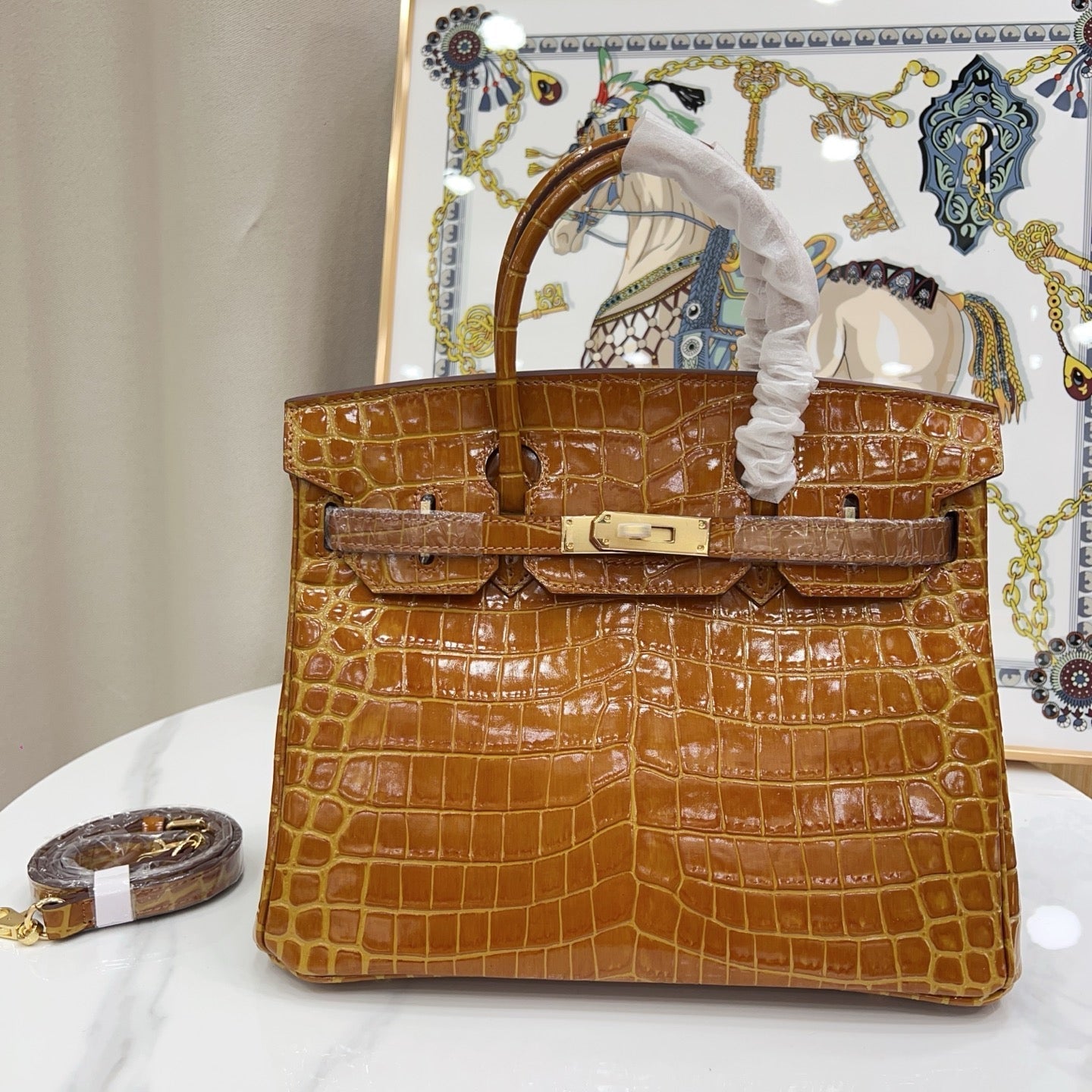 Birkin Style 25/30/35 Retourne in Miel/Gold Crocodile-Embossed Leather (Gold Hardware)
