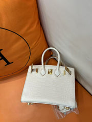 Mini Birkin 20cm Outer Stitching Tote Bag in Pure White Crocodile Pattern