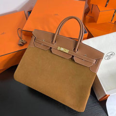 Birkin 40 Retourne in Gold Swift Leather and Suede Grizzly (Gold Hardware)