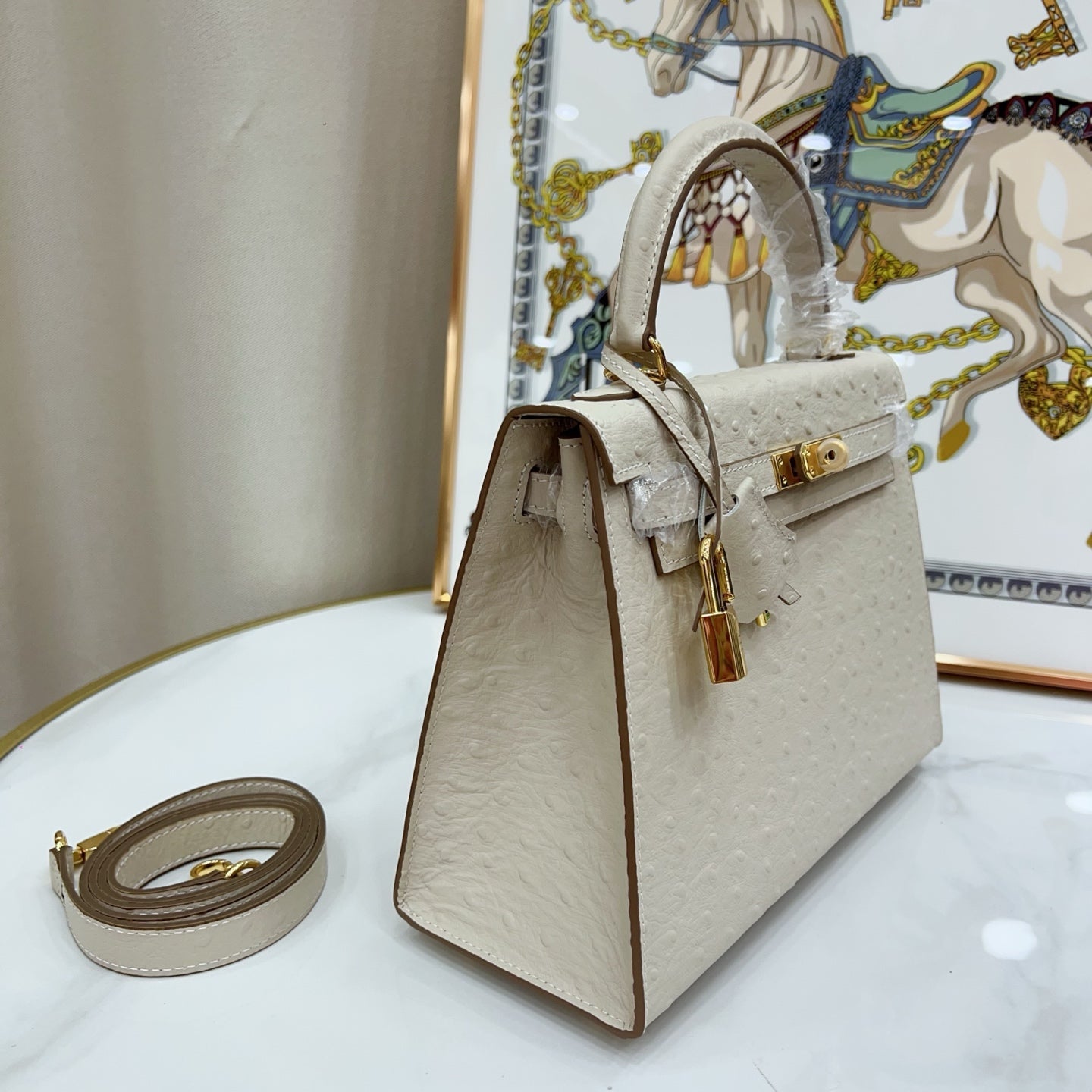 Kelly Sellier 25cm Craie Ostrich Gold Hardware Premium Women Shoulder Purse
