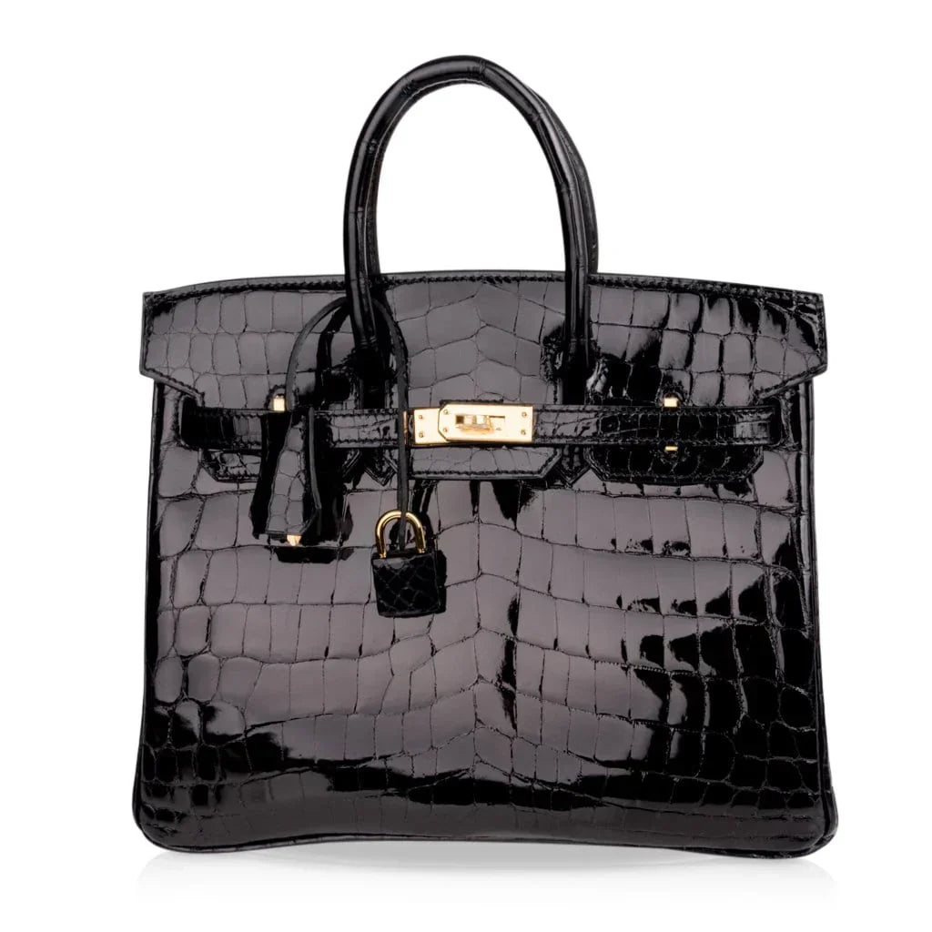 Birkin 25 Bag Black Crocodile Lisse Gold Hardware