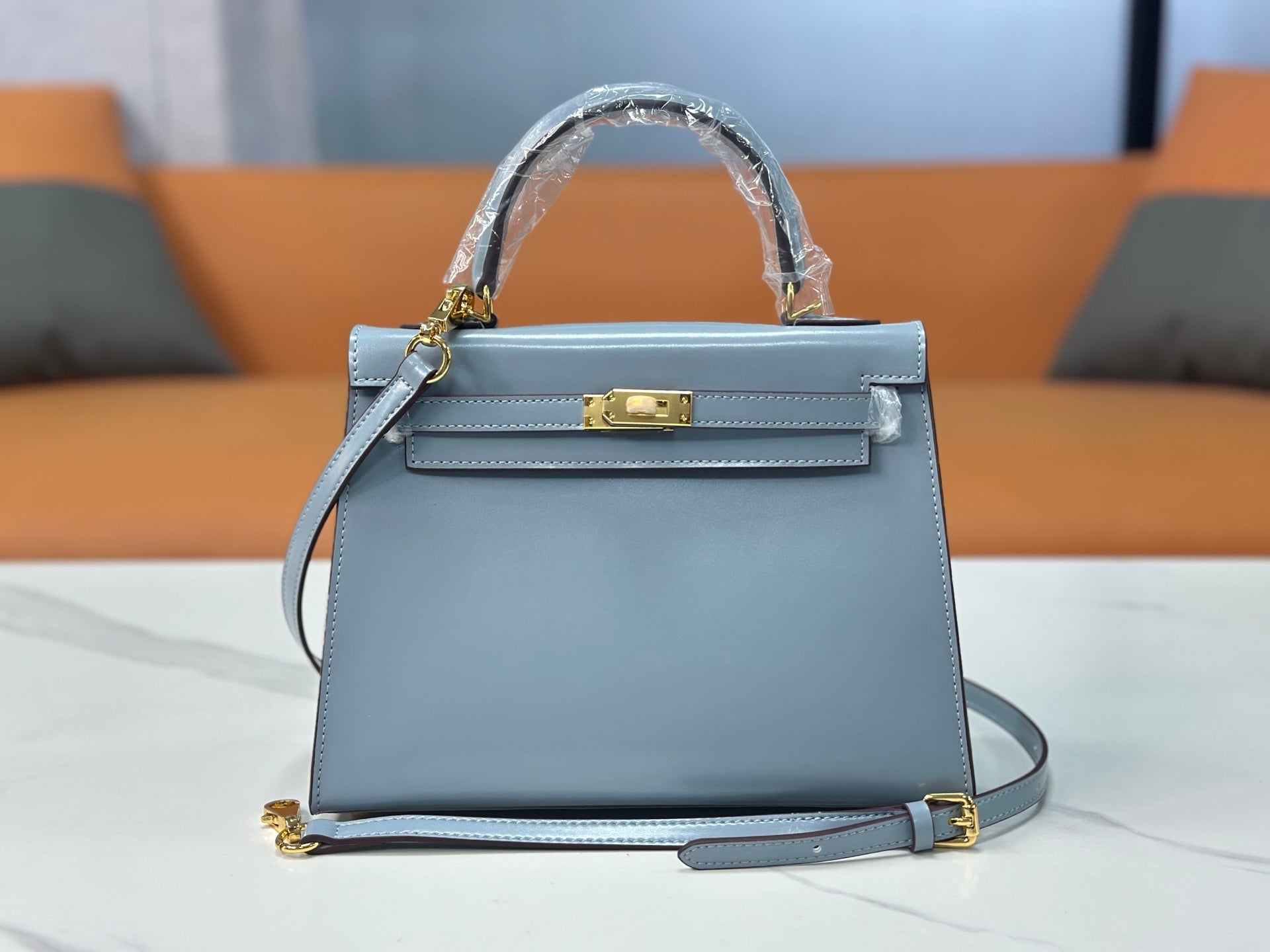 Kelly Sellier 19cm & 22cm & 25cm Bleu Lin Box Calf Leather Gold Hardware & Palladium Hardware Women Handbag