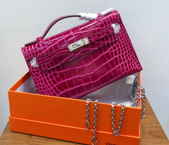 Kelly Pochette Fuchsia Shiny Niloticus Crocodile Leather Palladium Hardware Women Clutch Bag