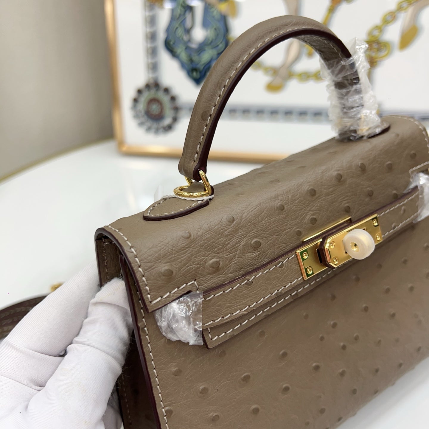 Mini Kelly II 19cm Sellier Etoupe Ostrich Gold Hardware Designer Mini Shoulder Purse