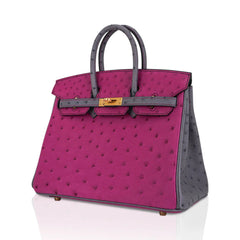 Birkin HSS 25 Bag Rose Pourpre and Gris Agate Ostrich with Gold Hardware