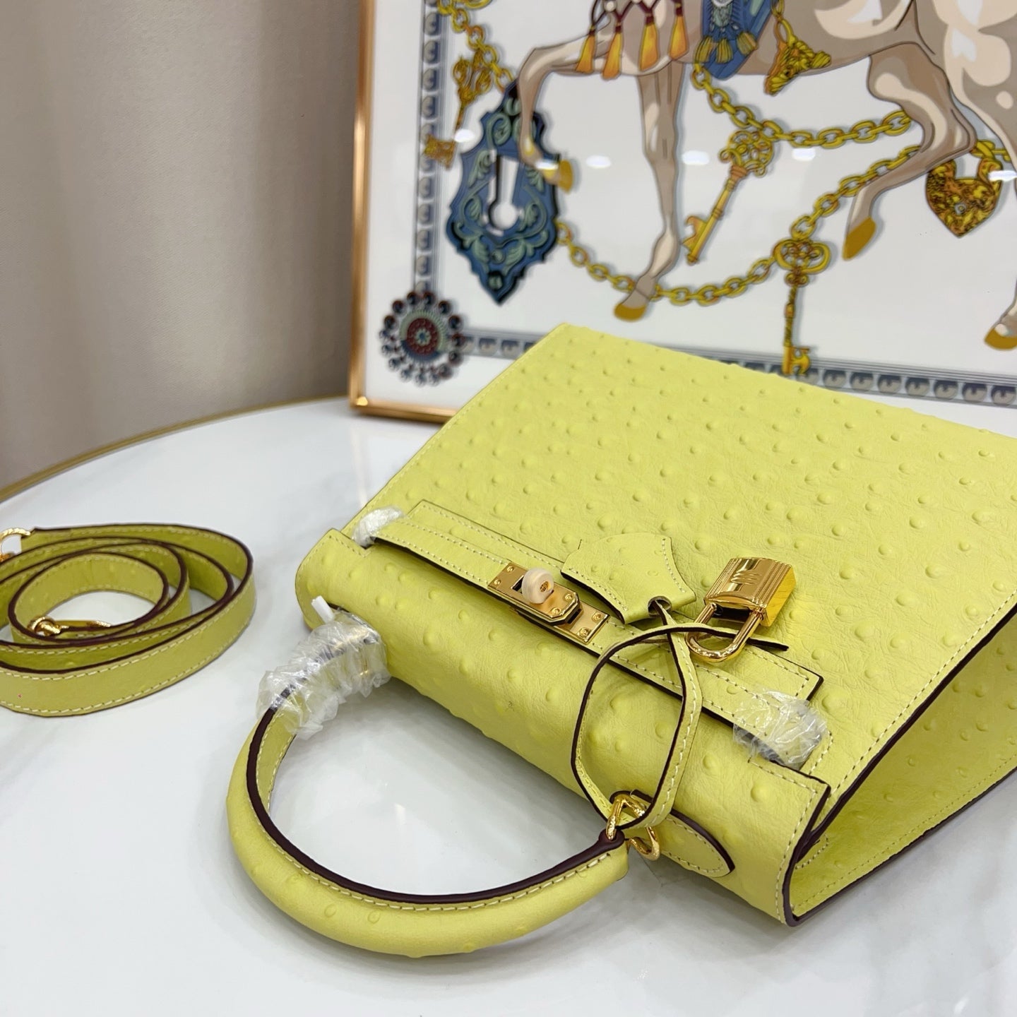Kelly Sellier 25cm Jaune Poussin Ostrich Gold Hardware Designer Women Shoulder Handbag