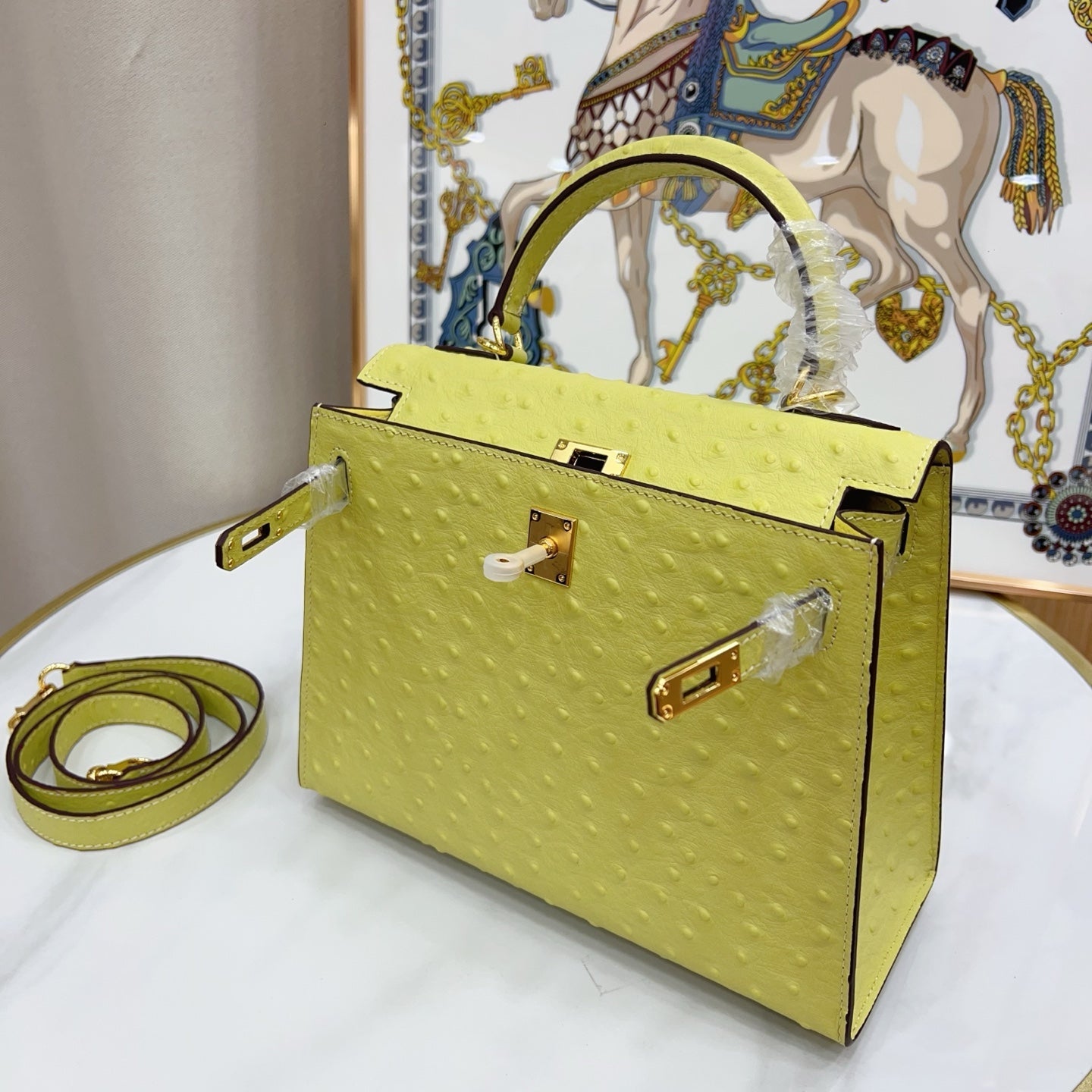Kelly Sellier 25cm Jaune Poussin Ostrich Gold Hardware Designer Women Shoulder Handbag