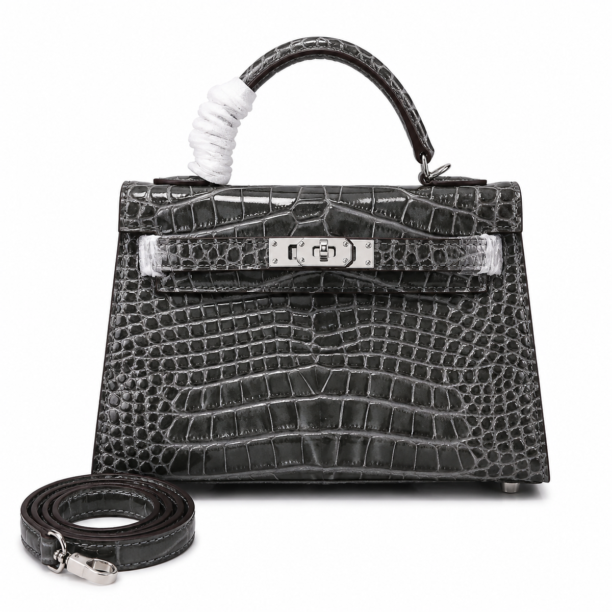 Kelly Sellier 19cm Gris Elephant Shiny Crocodile Leather Gold Hardware & Palladium Hardware Women Handbag