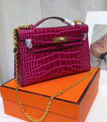 Kelly Pochette Fuchsia Shiny Niloticus Crocodile Leather Gold Hardware Women Clutch Bag