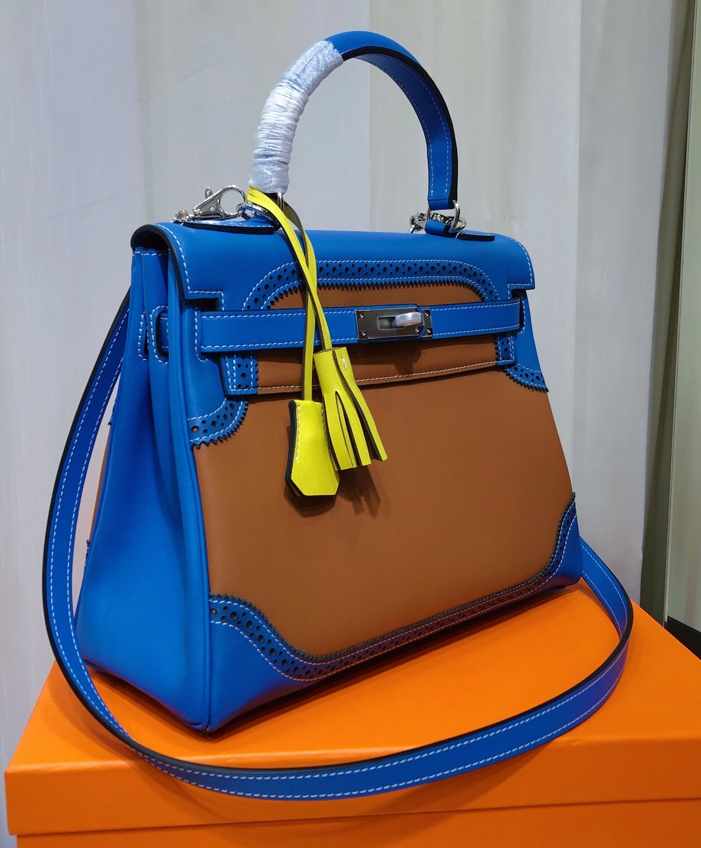 Kelly Sellier Ghillies 28cm Bleu Izmir & Natural Sable Barenia Leather Palladium Hardware Women Handbag