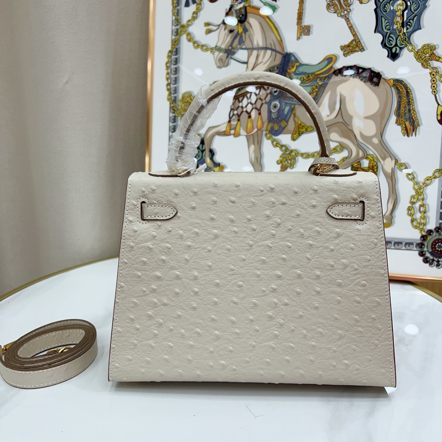 Kelly Sellier 25cm Craie Ostrich Gold Hardware Premium Women Shoulder Purse