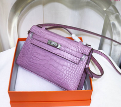 Kelly Pochette Lilac Shiny Niloticus Crocodile Leather Palladium Hardware Women Clutch Bag